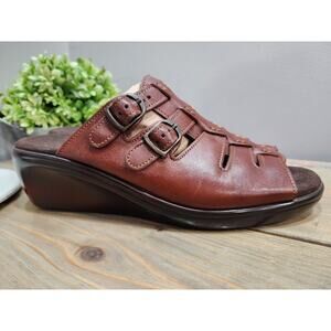 SAS Sandals Womens 9.5 N Tango Brown Leather Mule Slide Shoe Double Buckle Wedge